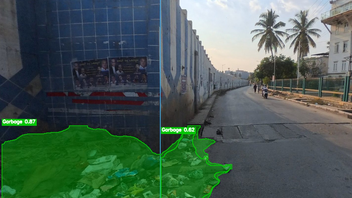 Two garbage piles against a tiled wall, outlined in green