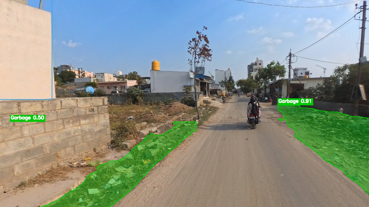 Garbage on both sides of a road, each side outlined in green